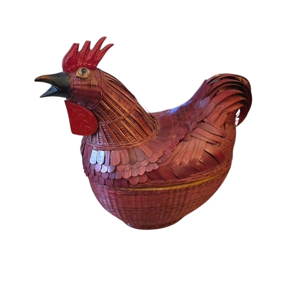 Handcrafted Red Rooster Basket Vintage Two Part Farmhouse Primitive Rustic 3D